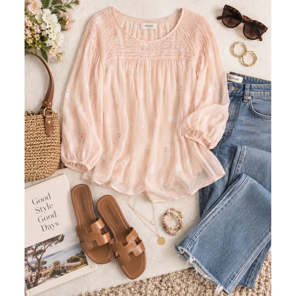LC Lauren Conrad Peach Swan Print Pintuck Chiffon Blouse XL 3/4 Sleeve Top